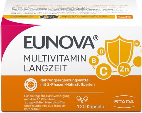 EUNOVA Langzeit: Multivitamin Tabletten mit allen 13 Vitamine, 120 Kapseln | Langzeittechnologie, Zeitversetzte Freisetzung, Vitamine, Mineralstoffe & Carotinoide, Gluten- & Laktosefrei, ab 12 Jahren