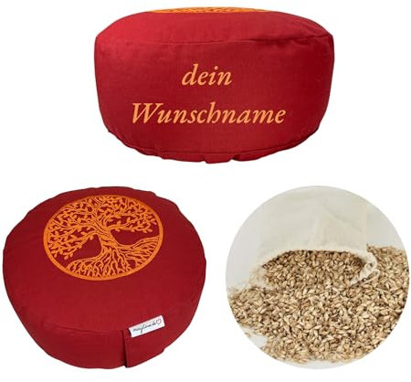 Yogakissen Meditationskissen rund personalisierbar Dein Name Sitzhöhe 15 cm waschbarer Bezug aus Baumwolle Yoga Sitzkissen mit Bio-Dinkelspelzen entspannte Meditation