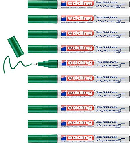 edding 780 gloss paint marker - green - 10 paint markers - extra-fine round tip 0.8 mm - paint pen for glass, pebbles, wood, plastic, paper - waterproof, high coverage