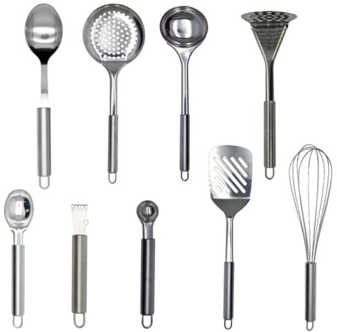 Fackelmann 9990450 9-Piece Kitchen Utensil Set, Zester, Ice Cream and Melon, Skimmer, Ladle, Masher, Whisk, Spoons, Stainless Steel, 16-33.5 cm