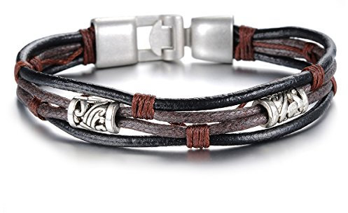 JewelryWe Leder Armband Damen Herren: Retro Tribal Lederarmband Legierung Leder Seil geflochten Armreif mit Einfacher Schnalle Braun Schwarz Silber