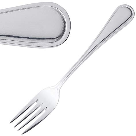 Olympia Mayfair Dessert Forks 18/0 Stainless Steel 184mm, 12 Pack | High polish finish and elegant handle embossment offer a sophisticated look for busy professional dining environments.