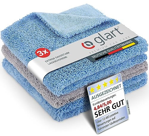 Glart Poliertuch Trockentuch - 3er Set - Premium Mikrofasertücher für Professionelle Auto-Lackpflege - 40x40cm zum Kratzfreien Trocknen & Polieren - Mikrofaser