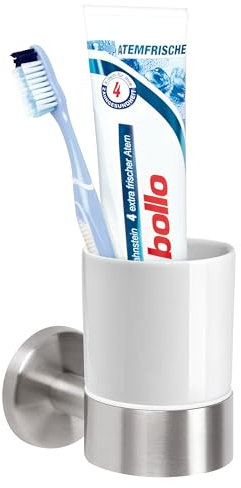 bremermann Bad-Serie Piazza - Becherhalter, Zahnputzbecherhalter inkl. Wandhalterung, Zahnbürstenhalter aus weißer Keramik und Edelstahl matt