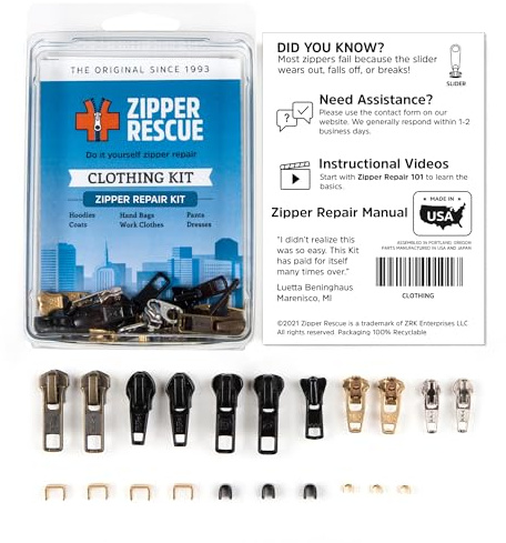 Zipper Rescue Clothing Zipper Repair Kit - The Original Zipper Pull Replacement kit for Hoodies, Pants, Handbags - Included 11 Metal Sliders, 4 End Stops, 6 Top Stops - Made in America Since 1993