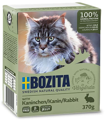Bozita Häppchen in Gelee Nassfutter mit Kaninchen im Tetra Recart 16x370g - Getreidefrei - nachhaltig produziertes Katzenfutter für erwachsene Katzen - Alleinfuttermittel