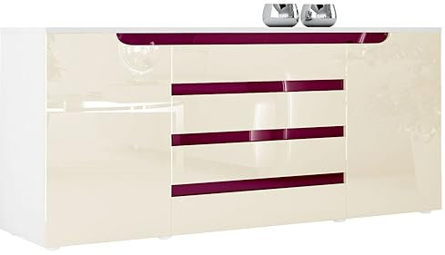 Vladon Sideboard Kommode Sylt V2, Made in Germany, Korpus in Weiß matt/Front in Creme Hochglanz mit Absetzungen in Brombeer Hochglanz (166 x 72 x 35)