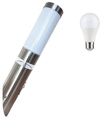 LISA Edelstahl-Außen-Fackel-Wand-Leuchte, H45cm, Drm. 7,6cm E27 + Grundlichtring 12 festgebaute LEDs kaltweiß Bewegungsmelder, Dämmerungssensor, IP44