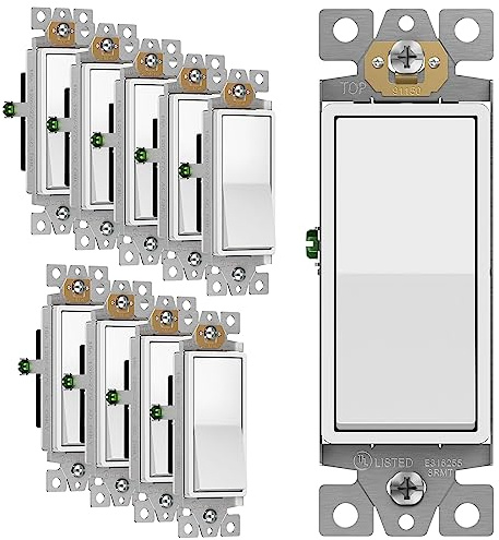 ENERLITES Decorator Paddle Rocker Light Switch, Gloss Finish, Single Pole, 3 Wire, Grounding Screw, Residential Grade, 15A 120V/277V, UL Listed, 91150-W-10PCS, White (10 Pack)