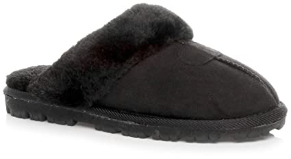 AJVANI Womens ladies flat winter faux sheepskin fur lined slip on memory foam mules slippers size