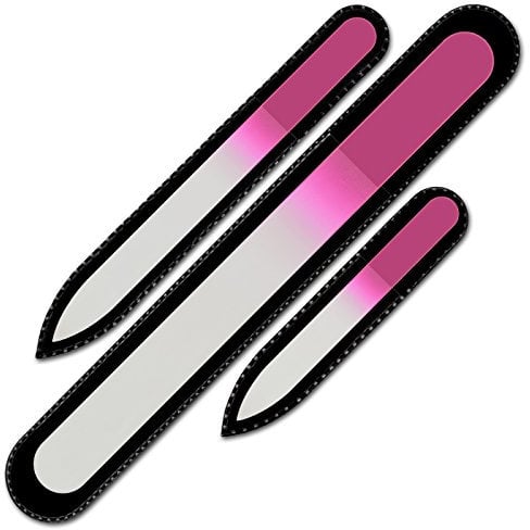 Mont Bleu Gift Set of 3 Pink Crystal Nail Files in Black Pouch - Genuine Czech Tempered Glass - Handmade in Czech Republic - Professional Glass Nail File for Women