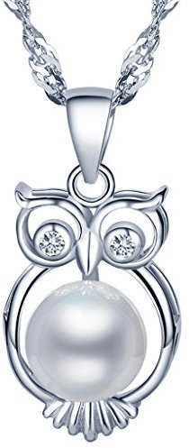 Yumilok 925 Sterling Silber Perle Zirkonia Einzigartige Eule Anhänger Halskette Kette mit Anhänger für Damen Mädchen