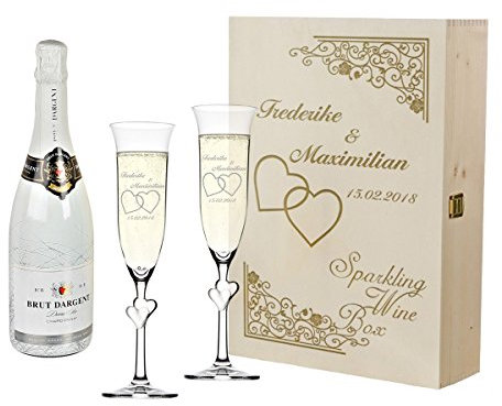 polar-effekt 2 Sektgläser mit weiße Herzen und Sekt-Flasche in Geschenkbox - Personalisiert mit Gravur - Hochzeit Geschenkidee Sektglas-Set - Motiv Vintage mit Herzen