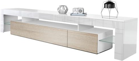 Vladon Buffet Bas Lima V2, Meuble TV avec 2 clapets, 1 Compartiment Ouvert et 2 étagères en Verre, Blanc Haute Brillance/Chêne Brut (189 x 38 x 35 cm)