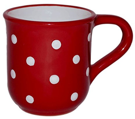 UNGARNIKAT Keramik Kakaobecher 230ml – Rot mit handbemalten weißen Punkten – Handgemachte Tasse im Landhausstil – Glänzende Oberfläche – Spülmaschinenfest & mikrowellengeeignet
