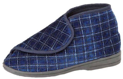 Mens Navy Check Velour Washable Touch Fastening Bootee Slipper - Bertie - Navy Check - size UK Mens Size 10