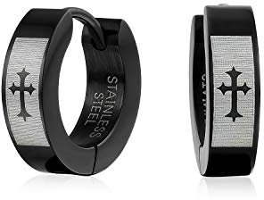 Biker Schmuck Kleine Religiöse Mittelalterliche Lasergravierte Fleur De Lis Kreuz Schwarze Huggie Creolen Kpop Ohrringe Für Männer Oder Frauen Schwarz Ip Beschichteter Silberfarbener Edelstahl