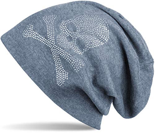 styleBREAKER Klassische Beanie Mütze mit Totenkopf Strass Applikation, Unisex 04024034, Farbe:Blau-Grau meliert, Materialart:warm