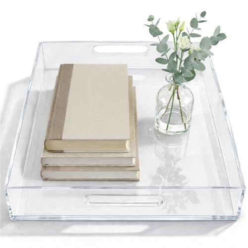 (Large, Clear),CLEAR SERVING TRAY,Spill Proof,50cm Large Premium Acrylic Tray for Coffee Table, Breakfast, Tea, Food, Butler,Decorative Display, Kitchen, Vanity Serve Tray with Handles by Vale Arbour