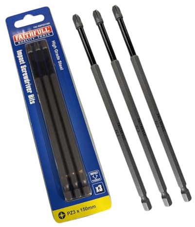 Faithfull Impact Screwdriver Bits – 1/4in Pozi Hexagon Drive Impact Screwdriver Bits, High Grade Steel, Precision Machined Tip - 3 Pack of PZ3 x 150mm