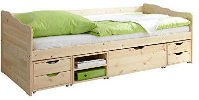 TiCAA Einzelbett Sofabett Funktionsbett, Marlies mit Schubkasten für Schlafzimmer, Kinderzimmer Kiefer Massivholz Bettgestell 90 x 200 cm