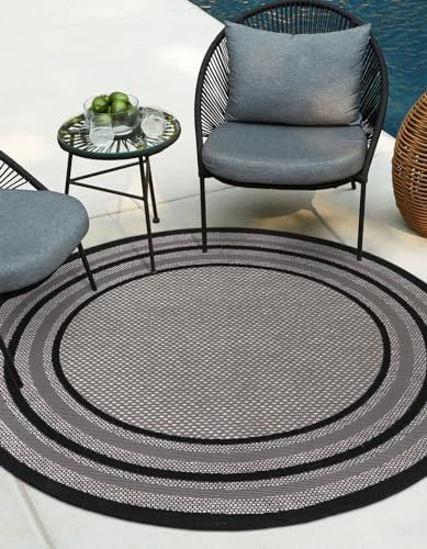 Unique Loom Outdoor Border Collection Area Rug - Multi Border (6' Round, Gray/ Black)