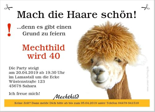 Unser-Festtag Geburtstagseinladungen Motiv Lama mit schönen Haaren - Personalisiert, 10 Karten