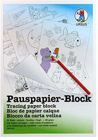 Ursus 7034600 - Pauspapier Block, DIN A4, 5 Vorlagen mit vielen verschiedenen Motiven, 50 Blatt Transparentpapier 40 g/qm, ideal als Geschenk zur Einschulung und Schulanfang