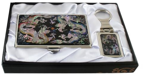 Perlmutt Visitenkartenetui und Schlüsselanhänger Set Drachen Gelb Blau Visitenkarten Namenskarten Edelstahl Metall Perlmutt Design Anhänger