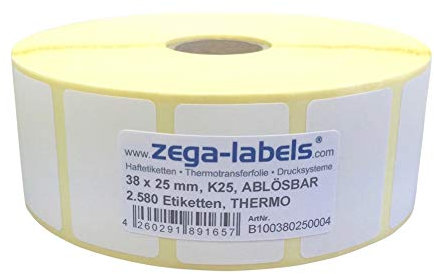Thermo Etiketten auf Rolle - 38 x 25 mm - 2.580 Stück je Rolle - Kern: 25 mm - aussen gewickelt - WIEDER ABLÖSBAR - Druckverfahren: Thermodirekt (Drucken ohne Farbband)