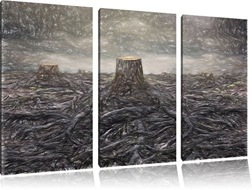 Pixxprint Gerodeter Wald, Leinwandbild 3 Teilig, Gesamtmaß: 120x80cm, Wandbild, Dekoration, fertig gespannt, Kein Poster
