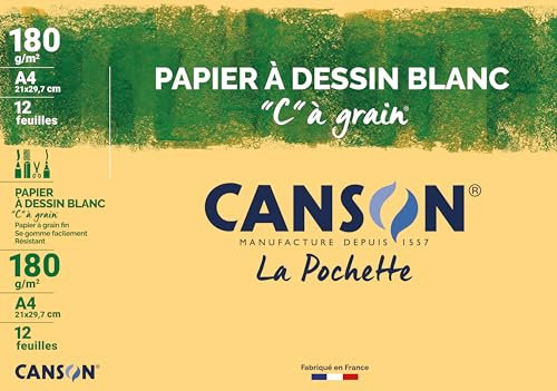 CANSON C à Grain - Pochette 12 feuilles de papier dessin blanc A4 - 180g/m²