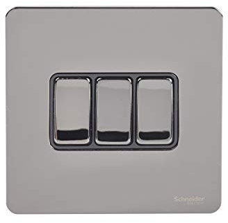 Schneider Electric GU1432BBN Ultimate Screwless Flat Plate, Black Nickel with Black Insert, 3 Gang Rocker, 2 Way Light Switch, Single Pole, 16 AX
