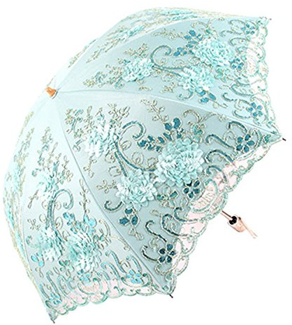 Honeystore Vintage Lace UV Sun Parasol Folding 3D Flower Embroidery Umbrella BM1618 Blue