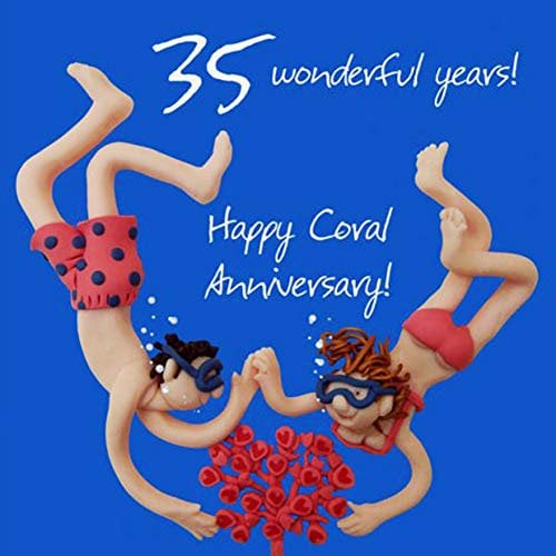 Holy Mackerel 35 wonderful years coral 35th wedding anniversary card for a couple - designed by artist Erica Sturla - 15cm square and blank inside for your message - made in the UK