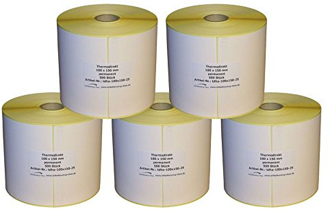 5 x Thermo Etiketten auf Rolle - 100 x 150 mm - 2.500 Stück - Hülse 25 mm - permanent haftend