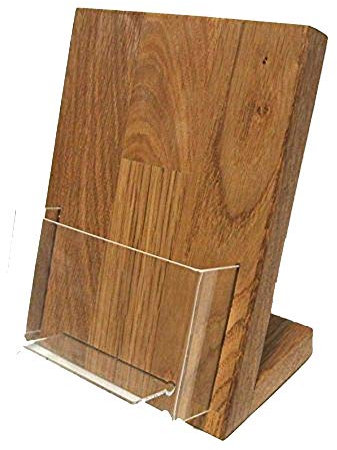 LINLAY Intarsien & Gravuren DIN A6 Postkarten-Ständer (Hochformat) Tischmodell Prospekt-Halter massiv Eiche mit Acryleinsatz