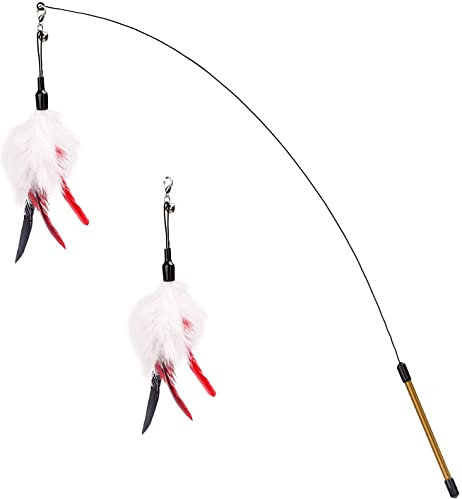Pawaboo Plumeau de Jeu pour Chat, Canne à Pêche avec Une Baguette Extra Large de 88cm et Une Petite Clochette, Jouet Plumeau pour Chat Chaton, Bâton Jouet Fil Chaser, Plume Rouge Vineux et Blanc