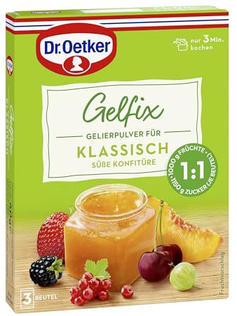 Dr. Oetker Gelfix Classic 1:1, 8 x 60 g (3 Beutel je 20 g), Gelierpulver für klassisch süße Konfitüre, traditionelles Geliermittel, Konfitüren, Marmeladen & Gelees selber machen, gleiches Verhältnis von Frucht und Zucker, vegan