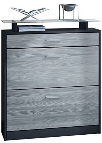 Vladon Zapatero Loret, Armario para Zapatos para 16 Pares de Zapatos con 2 Puertas abatibles y 1 Cajón y Estante de Cristal, Negro Mate/Avola Antracita (89 x 104 x 23 cm)