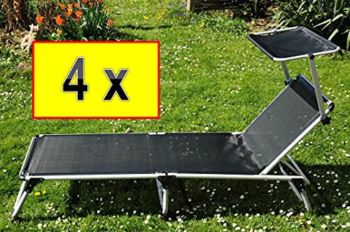 4 x Feldbett MASSIV UND STABIL - 4 Stück - Sonnenliegen mit Sonnendach Dach, fertig montiert, 4x PREMIUM Strandliegen, tolle Gartenliegen wetterfest, klappbar, tragbar, bequem und stabil,Liegefläche ca. 195 x 62 cm, Textilene-Aluminium, Alu mit Sonnenschutzdach, Dreibeinliege faltbar, verstellbare Klappliege, anthrazit-metallic silber, Strandliegen, Sonnenliegen, Liegestühle, Gartenstühle, Picknickliegen, Gartenmöbel Holz, Feldbetten
