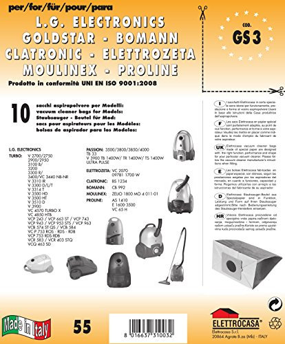 GS 3 Lot de 10 sacs en papier pour aspirateur