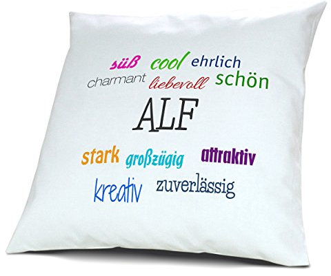 digital print Kopfkissen mit Namen Alf - Motiv Positive Eigenschaften, 40 cm, 100% Baumwolle, Kuschelkissen, Liebeskissen, Namenskissen, Geschenkidee, Deko