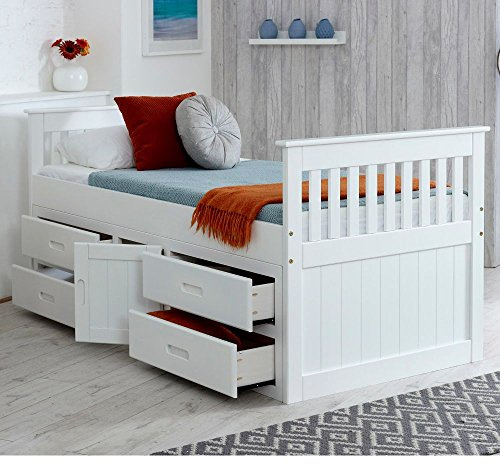 happybeds Captains White Pine Wooden Storage Bed, 3ft Single, Orthopaedic | 3ft Single, Storage Wooden Bed, Orthopaedic Mattress Included, Reflex Foam, White Pine, 4 Drawers, Cupboard, 90 x 190 cm