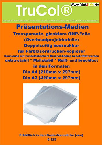 Doppelseitig 25 Blatt FARBLASER A4 OHP-Folie 0,125mm klar/transparent für perfekte s/w und farbige Präsentationen Optimale Tonerhaftung auf Farb- Monocchrom (s/w), Laserdruckern Kopierern