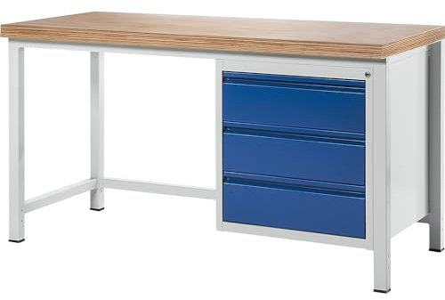 RAU | Werkbank | Gestellbauweise | 3 Schubladen | Plattenbreite 1500 mm | enzianblau