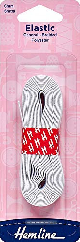 Hemline Elástico trenzado de uso general, 6 mm x 5 m, elástico de poliéster duradero blanco para costura, trajes de baño y aplicaciones de fundición, fuerte y resistente