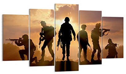 ARTTOR Wandbilder Dekoration Wohnzimmer Armee Waffen Sonne Militär Bilder auf Leinwand 160x85cm Leinwandbild Schlafzimmer Set 5 teilige Wand Kunstdruck Art Groß XXL Wanddeko Bild Canvas EA160x85-2962