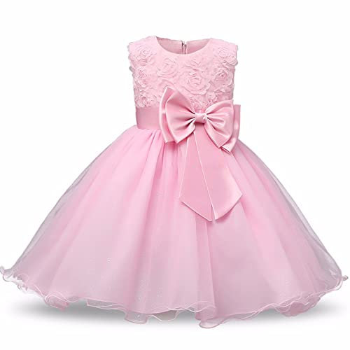 Discoball Girl Dress Princess Party Clothing Holiday Girls Dresses, 3D Rose Flower, Bow Sequins Tulle Dress Up for Kids Birthday Travel and Special Occasions Pink