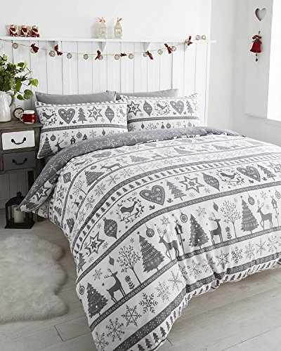 Noel Quilt Duvet Cover 2 Pillowcase Bedding Bed Set Christmas Trees, Grey, Super-King